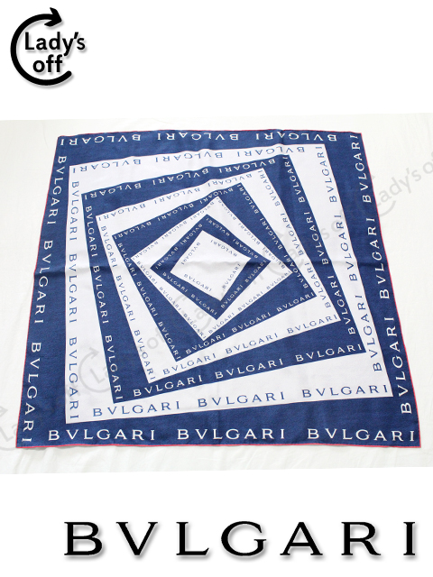 ブルガリ[BVLGARI] ロゴ 大判シルクスカーフ 白×青系