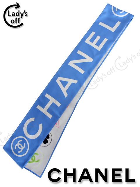 シャネル[CHANEL] ロゴ 柄 シルク ボウタイ スカーフ 青 グレー | 買取  
