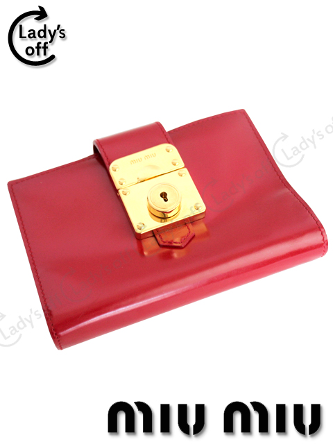 ミュウミュウ[MIUMIU] レザー 手帳 カバー[5A0082] 赤×ゴールド金具 ...