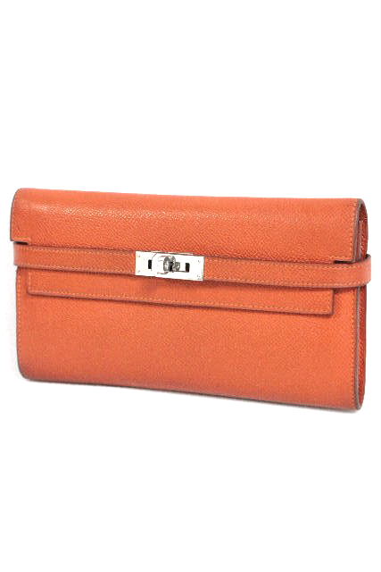 エルメス [ HERMES ] ケリーウォレット エプソン オレンジ×シルバー ［O刻印］ レディース 長財布