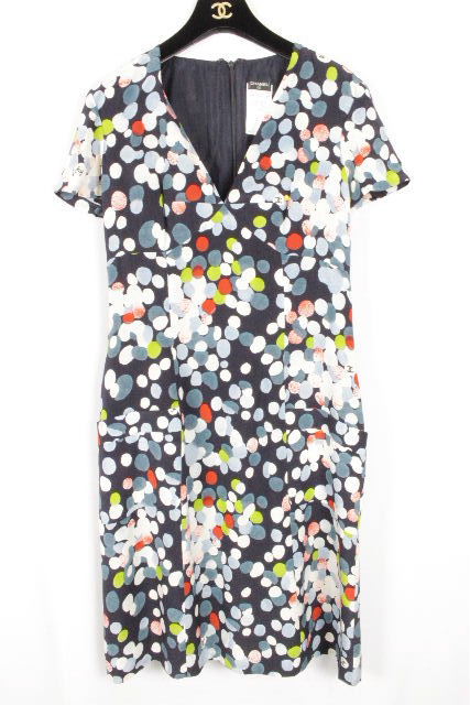 シャネル [ CHANEL ] 97s ココマーク ドット柄 フレアーワンピース SIZE［42］ レディース ヴィンテージ ビンテージ ワンピ ネイビー 紺色