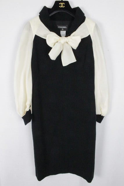 シャネル ［ CHANEL ] 09P バイカラー リボン ワンピース ブラック 黒 SIZE［36］ レディース ワンピ