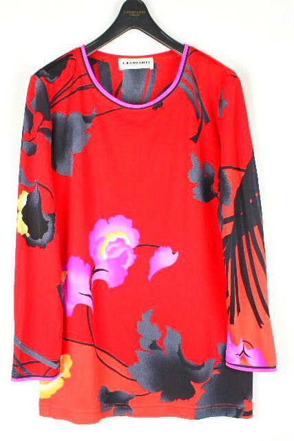 レオナール ［ LEONARD ］ フラワー ストレッチ カットソー レッド 赤 長袖 SIZE[40] レディース トップス プルオーバー 花柄