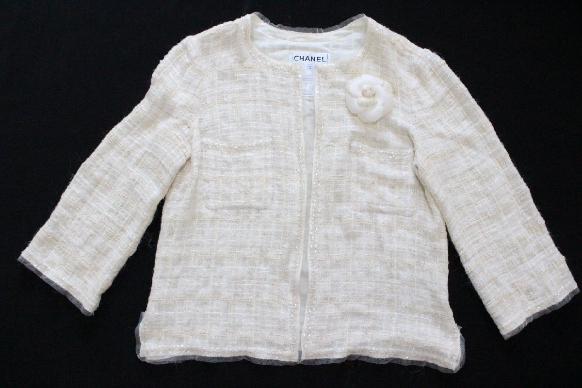06C シャネル CHANEL カメリア コサージュ ツイードジャケット ４０ P27799 JN625/T170